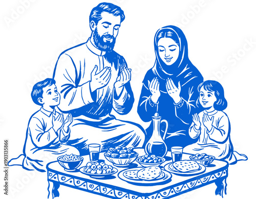 Muslim family praying, Iftar Suhoor dinner, Ramadan Kareem, Islamic prayer, Dua, parents kids, traditional food, vector illustration, Arabic culture line art