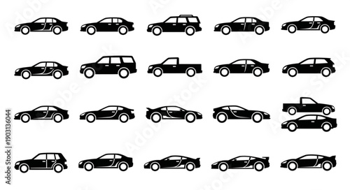 Collection of diverse car silhouettes for automotive industry concepts.