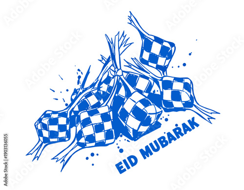 Eid Mubarak greeting, Ketupat sketch vector, Ramadan celebration food, hand drawn Indonesian Lebaran art, blue ink grunge style, Hari Raya Aidilfitri banner.