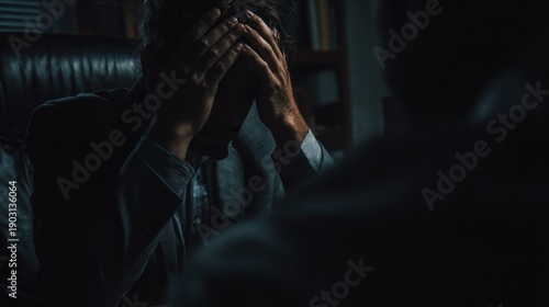 Man facing challenges during therapy session with head in hands for support