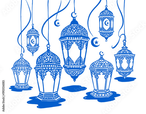 Ramadan lanterns blue sketch drawing, fanoos, moon star, Islamic celebration, Eid al-Fitr, Arab pattern, hanging lamp art, vector illustration.