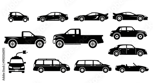Collection of diverse car silhouettes for automotive industry.