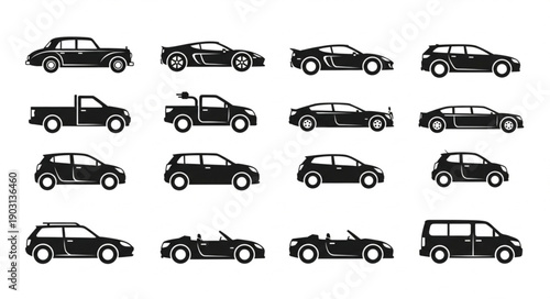 Collection of diverse car silhouettes in black and white.