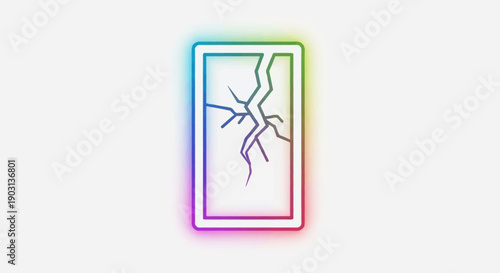 Vibrant Neon Outline Icon Depicting a Broken Smartphone Screen with Prominent Cracks Displaying