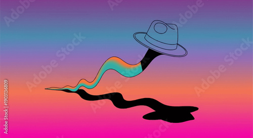Abstract illustration of a stylish fedora hat with a colorful winding trail on a vibrant gradient