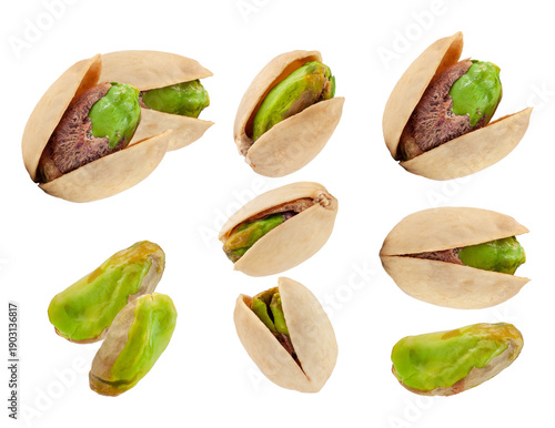 delicious pistachios in shell and shelled kernels, close-up studio shot on transparent background