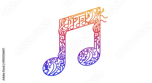Vibrant Gradient Music Note Design Filled with Detailed Musical Symbols and Swirls