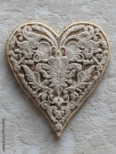 Intricate ivory lace heart on white lace background, romantic elegant pattern with delicate decorative textile details, vintage-inspired design perfect for wedding, love, and craft concepts