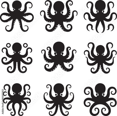 set of black octopus silhouettes on white background