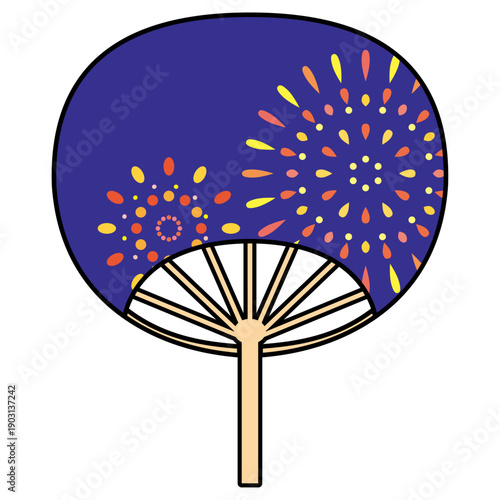 夜空に打ち上がる花火が描かれた夏祭りのうちわイラスト