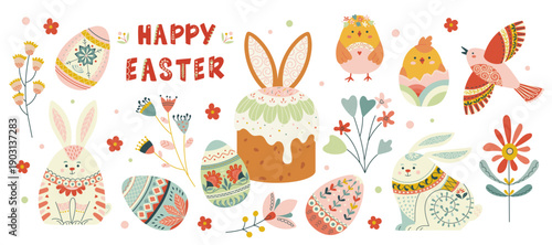 Hand-drawn Easter folk illustration set with bunny, chicks, eggs, flowers and festive cake Warm spring palette and playful details create joyful holiday mood for cards, decorations and seasonal design