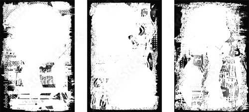 Poster overlays set . Noise destroyed logo . Trendy cyber punk poster . Glitched frame .Grunge textured . Distressed effect .Vector shapes with a halftone dots screen print texture.