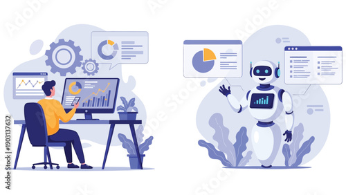 Illustration of a human analyst collaborating with an AI robot on data visualization and business process automation