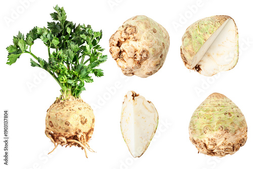 a whole celeriac root with vibrant green leaves and several cut sections displayed against a clean transparent background, realistic photograph.