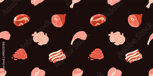 Cartoon meat. Fresh meat products. Culinary, grocery raw pork, beef steaks, chicken, turkey, sausage, bacon, pork belly, ham, poultry, ribs. Meat market vector seamless pattern