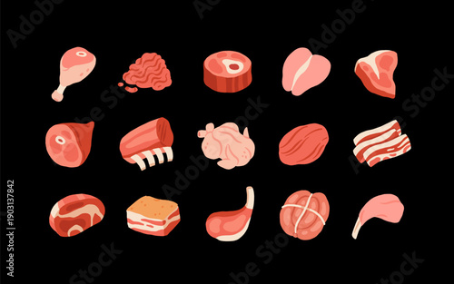 Cartoon meat. Fresh meat products. Culinary, grocery raw pork, beef steaks, chicken, turkey, sausage, bacon, pork belly, ham, poultry, ribs. Meat market vector set