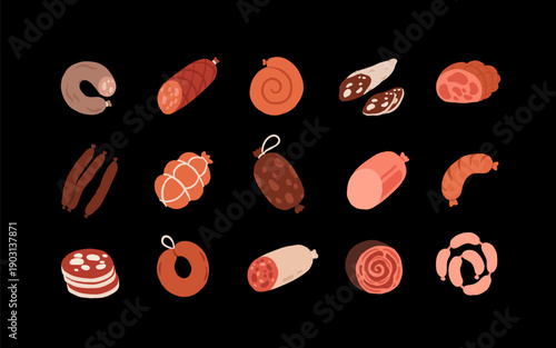 Meat products. Vector icon set of steak, salami, pork, chicken, chorizo, ham, bbq frankfurters sausages, pepperoni. Meat market, butchery menu, shop products, grill bar. Barbecue delicatessen