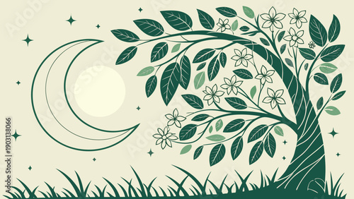Whimsical Nighttime Scene with Crescent Moon, Tree, Flowers, and Grass Under Starry Sky Illustration