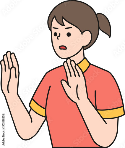 vector illustration of a woman trying to stop a conflict with raised hands