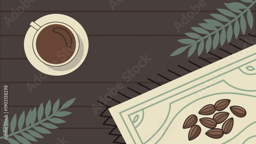 Coffee Cup, Coffee Beans, and Money on Wooden Table with Leaves