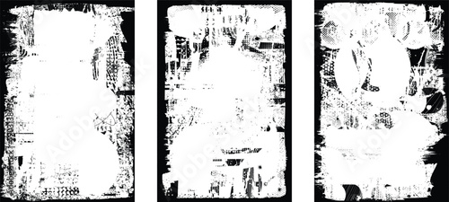 Poster overlays set . Noise destroyed logo . Trendy cyber punk poster . Glitched frame .Grunge textured . Distressed effect .Vector shapes with a halftone dots screen print texture.