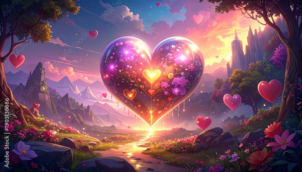 Obraz premium Romantic fantasy valley at sunset with glowing heart-shaped hot air balloons floating above river, mountains, and lush vegetation, dreamy sky in warm hues, symbolizing love, adventure, and wonder.