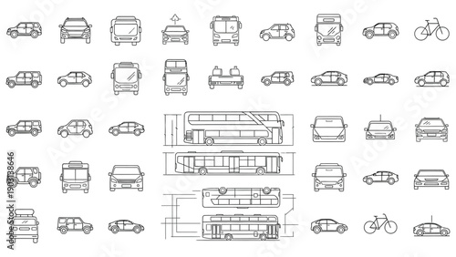 Minimalist CAD-style vector illustrations of vehicles—including cars, buses, and bicycles—with top and side views, ideal for transportation and city planning designs