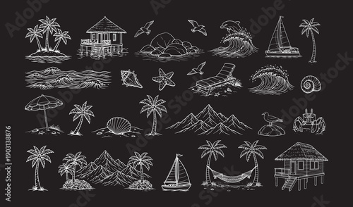 Summer landscape vector sketch with white line on black background chalk