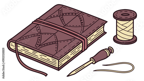 Vintage Journal and Sewing Tools Illustration