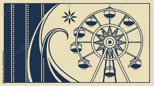 Vintage-Style Illustration of a Ferris Wheel at Dusk with Wave and Star