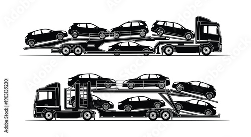 Car carrier truck transporting multiple vehicles, auto logistics transport service, vehicle delivery concept, black white vector illustration isolated design artwork