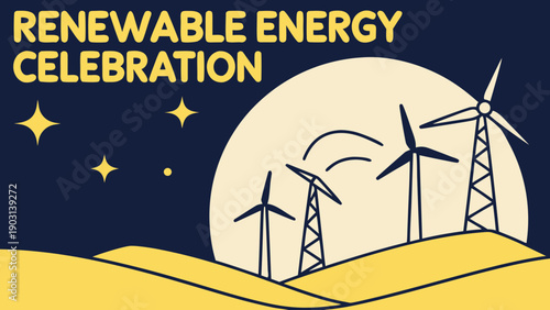 Renewable Energy Celebration: Wind Turbines Under a Night Sky with a Full Moon and Stars