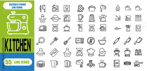 Kitchen Appliance Outline Icon Set – Cooking Tools, Home Kitchen Equipment, Culinary Devices, Modern Household Appliances Vector Illustration
