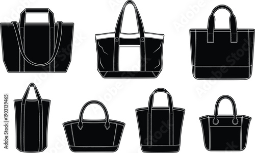 Black silhouette tote bag collection, various styles, handle designs, fashion accessory icon set, vector illustration, minimal white outline