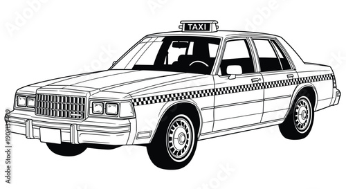 Classic taxi cab line illustration, vintage city transport sedan vehicle design, detailed automotive vector artwork, isolated white background concept