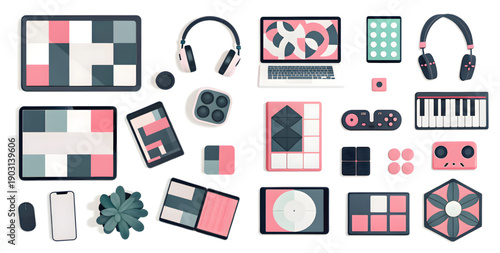 Modern gadgets and devices in pink, white, and gray hues