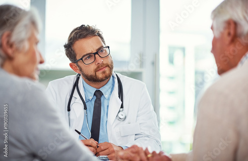 Foto Doctor, consulting and help with old man in office for healthcare diagnosis, serious and urologist expert