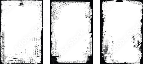 Poster overlays set . Noise destroyed logo . Trendy cyber punk poster . Glitched frame .Grunge textured . Distressed effect .Vector shapes with a halftone dots screen print texture.