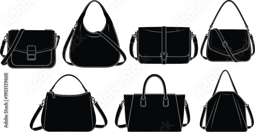 Black silhouette handbag collection, flap closures, buckle straps, shoulder styles, fashion accessory icon set, vector illustration, minimal design