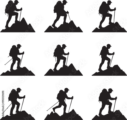 Set of silhouettes of hikers climbing mountains with backpacks and trekking poles