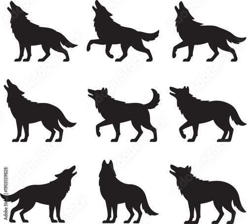 set of wolves in various poses and movements howling  running and standing