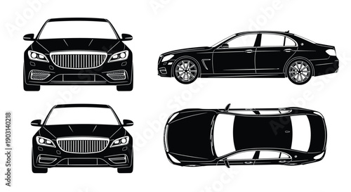 Luxury sedan car illustration set, front side top views, premium executive vehicle, modern automotive design, business transport concept artwork