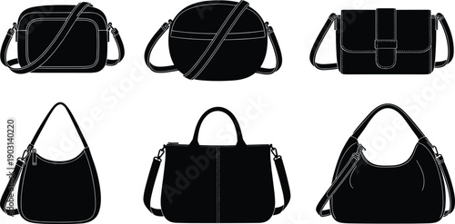 A set of elegant black and white leather handbags and luxury fashion accessories featuring a stylish woman's purse and travel luggage case isolated on a white background