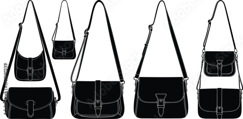 Black silhouette shoulder bag collection, flap closures, buckle styles, purse icon set, vector illustration, minimal fashion accessory design