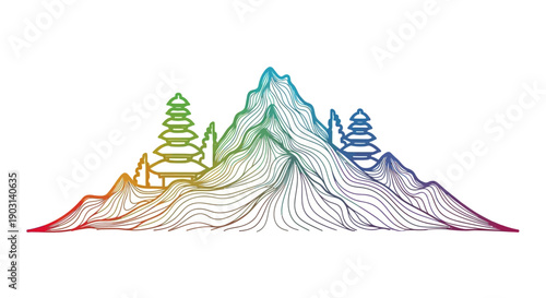 Vibrant Balinese Landscape Illustration with Sacred Temples and Wavy Mountains in a Unique Art Style