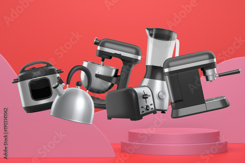 Set of kitchen appliances including mixer, toaster, blender, and coffee maker on white colorful podium and background