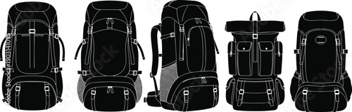 Backpack silhouettes, hiking gear, travel bags, black outline, ergonomic design, vintage style, compartments, straps, outdoor utility, modern, rugged