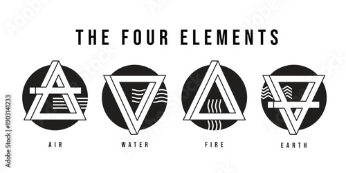 Four nature basic elements - fire water wind and earth symbols with line triangle shape in circle vector design