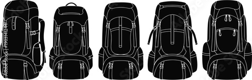 Backpack silhouettes, hiking gear, travel bags, black outline, strap design, pocket layout, ergonomic shape, outdoor utility, modern, vintage