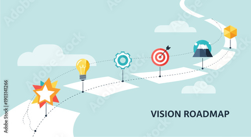 A vision roadmap illustration with a target and lightbulb on a cloudy background